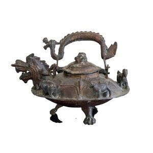 Antique Handmade Chinese Bronze Dragon Ornamental Ceremonial Teapot Kettle